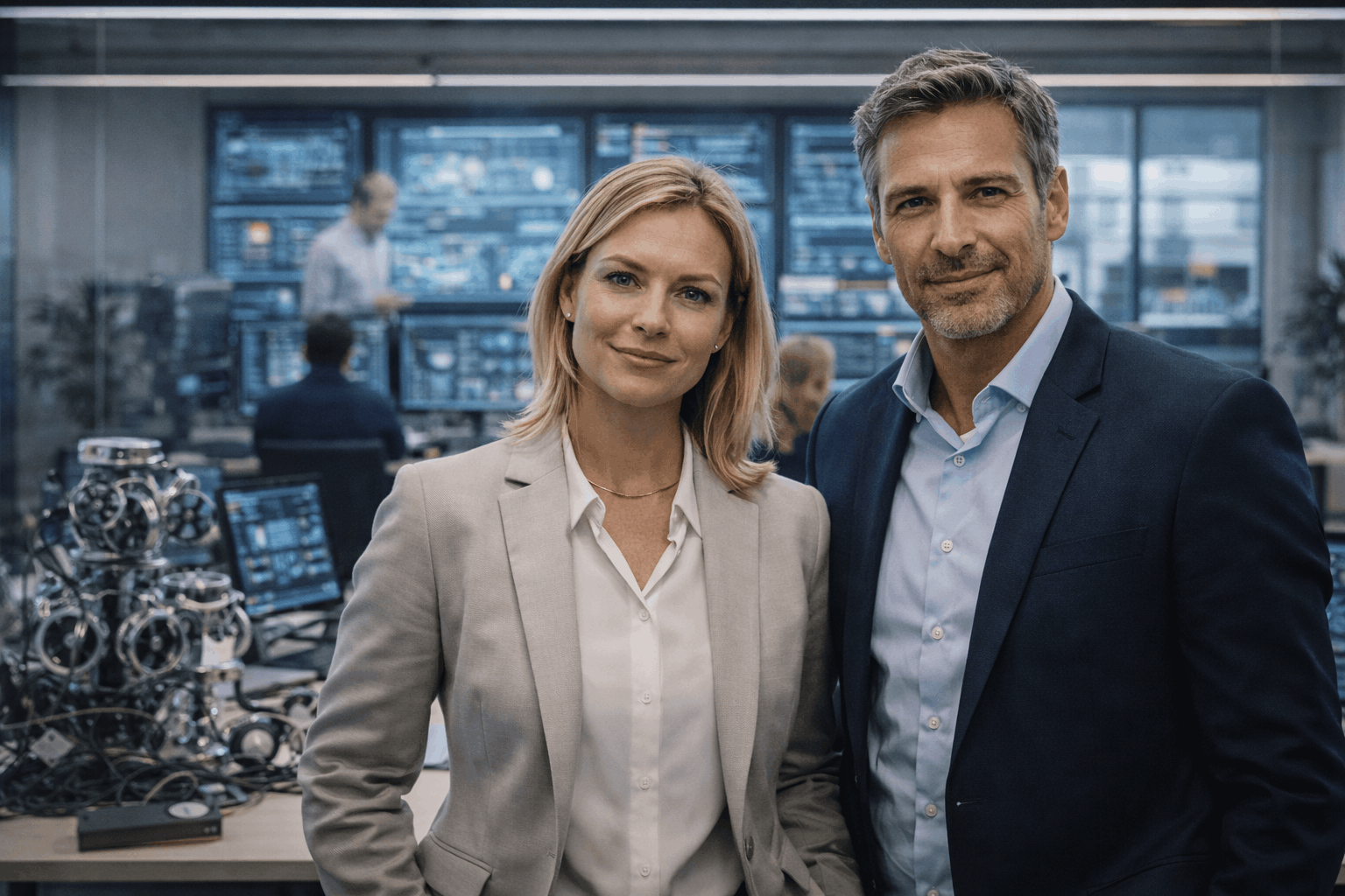 Advisors standing with leaders in a technology environment, representing independent guidance and trusted CRM oversight.