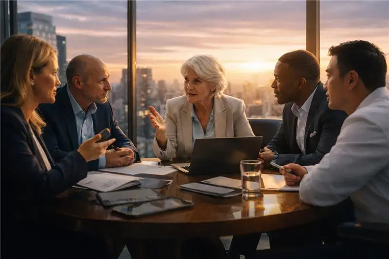 Four business professionals in a boardroom meeting at sunset, seated around a table with a laptop and documents, engaged in discussion.