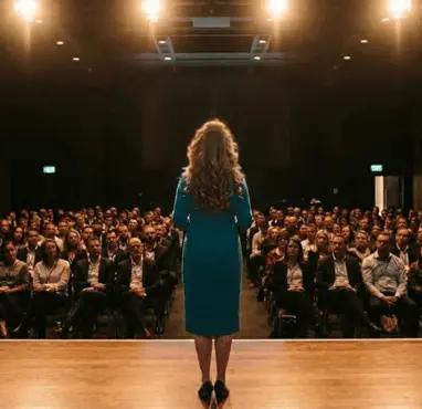 Professional speaker standing on stage addressing a large audience in an auditorium.