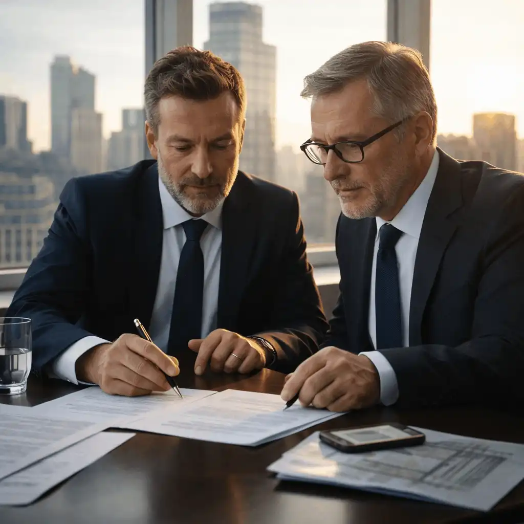 Two senior leaders reviewing documents together, representing careful consideration of a critical CRM decision.