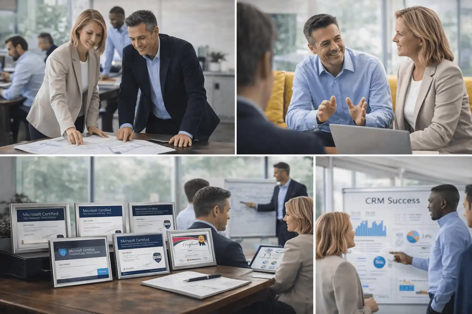 Leaders collaborating around plans and CRM dashboards, representing organisations engaging Opsis to make early, deliberate CRM decisions with clarity and control