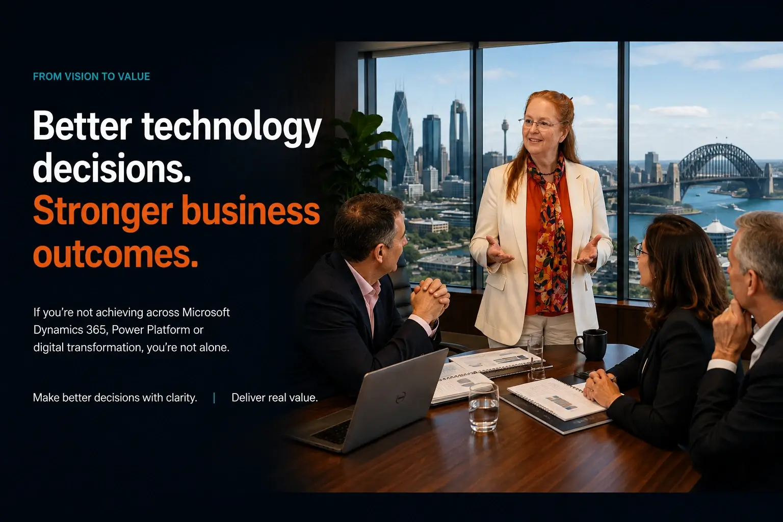 Executive team discussing technology strategy and business value with Gill Walker in Sydney