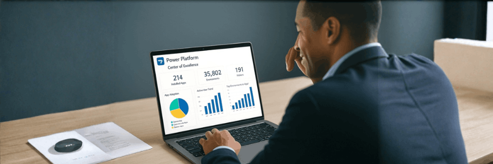 Professional reviewing Power Platform analytics and usage metrics on a laptop.