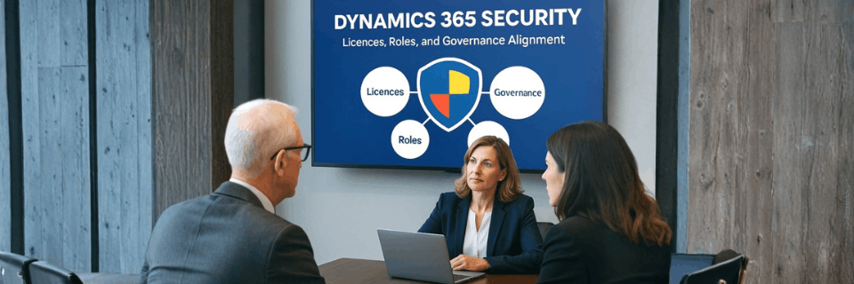 Professionals discussing Dynamics 365 security, licences, roles, and governance in a meeting