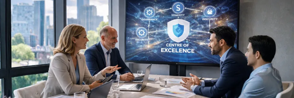 Consultants collaborating around a table with a ‘Centre of Excellence’ digital graphic displayed behind them.