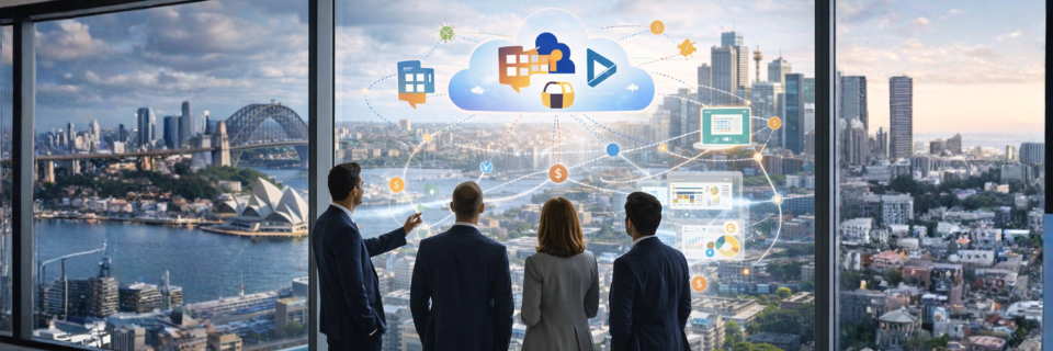 Leadership team overlooking a cityscape with interconnected digital icons, representing complex systems and integrated business solutions.