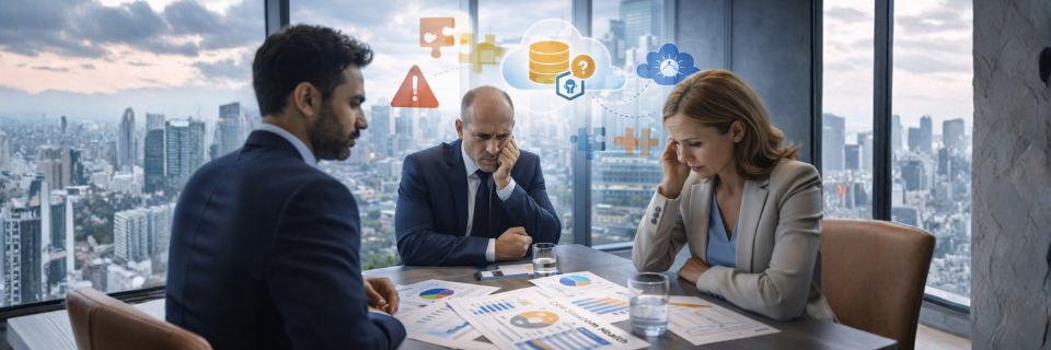 Advisory team conducting a business health check, reviewing reports with diagnostic and performance indicators.