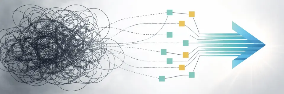 Abstract illustration showing chaotic, tangled lines on the left gradually being organized into structured pathways that converge into a clean, forward-pointing arrow on the right, symbolizing transformation from confusion to clarity and order.