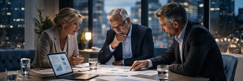 Business advisors reviewing reports and charts together at a table, carefully analyzing data to make a difficult strategic decision.