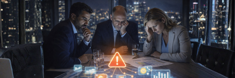 Business advisors analyzing risks and strategy together, with warning and performance icons projected above the table.