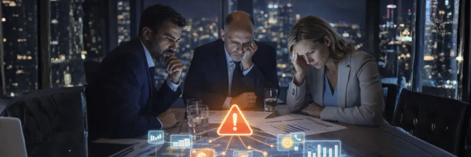 Business advisors analyzing risks and strategy together, with warning and performance icons projected above the table.