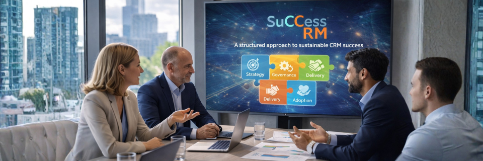 Advisory team reviewing a digital success and relationship management framework on a screen during a strategic meeting.