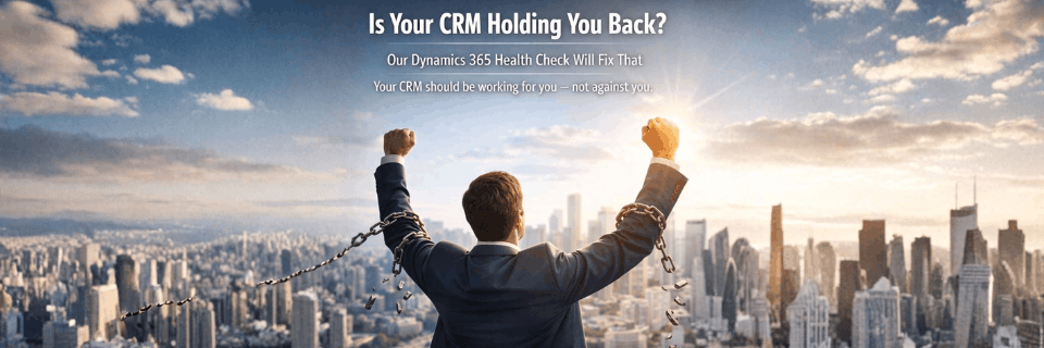 Business leader overlooking a city skyline with raised arms, symbolising breaking free from limitations after a successful CRM health check.