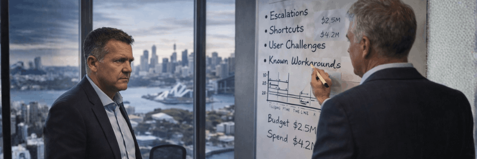 Two executives discussing delivery issues and budget figures on a whiteboard in a meeting room.