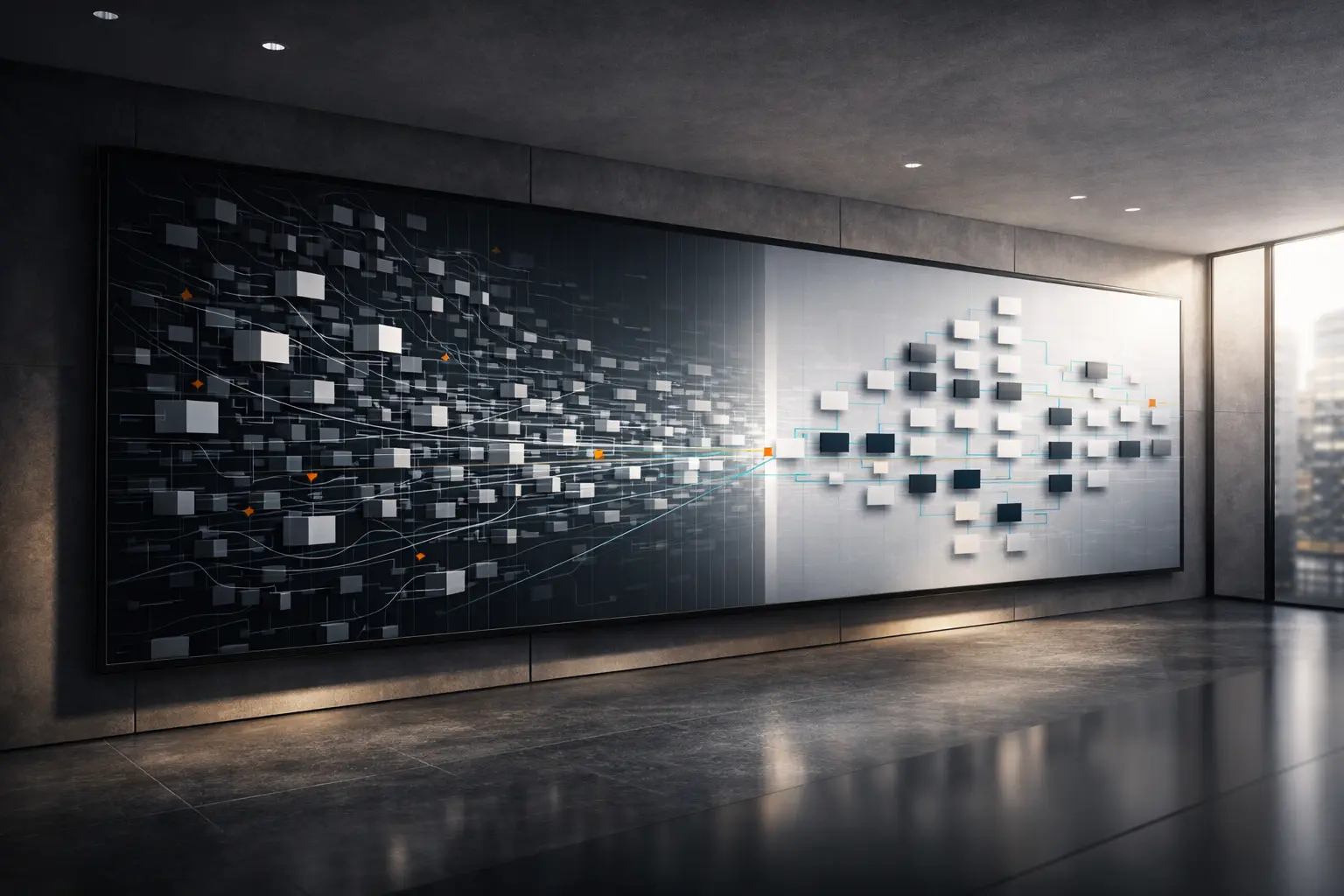Abstract visualization of data flow transforming from complex, interconnected systems into a simplified, structured network displayed on a large wall in a modern office setting.