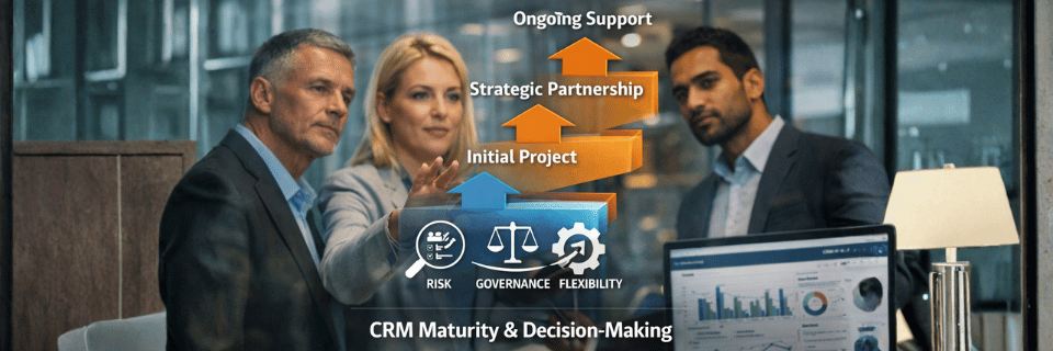Illustration of CRM maturity and decision-making, showing progression from initial project to strategic partnership and ongoing support.
