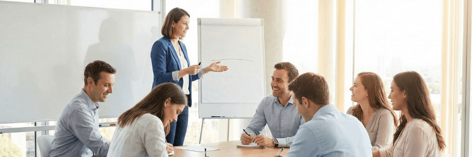 Consultant presenting to a small group of professionals during a workshop or team meeting
