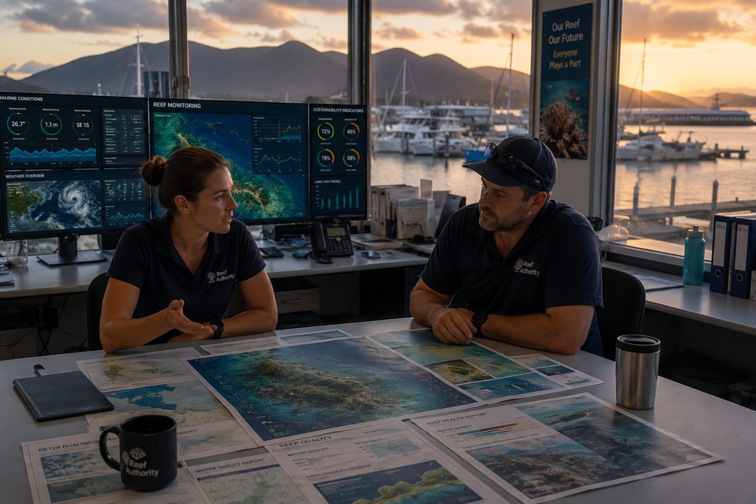Cairns marine operations and reef stewardship environment showing sustainability monitoring, environmental overlays, and operational maintenance discussions, representing long-term CRM governance, organisational resilience, and sustainable systems management by Opsis and Gill Walker