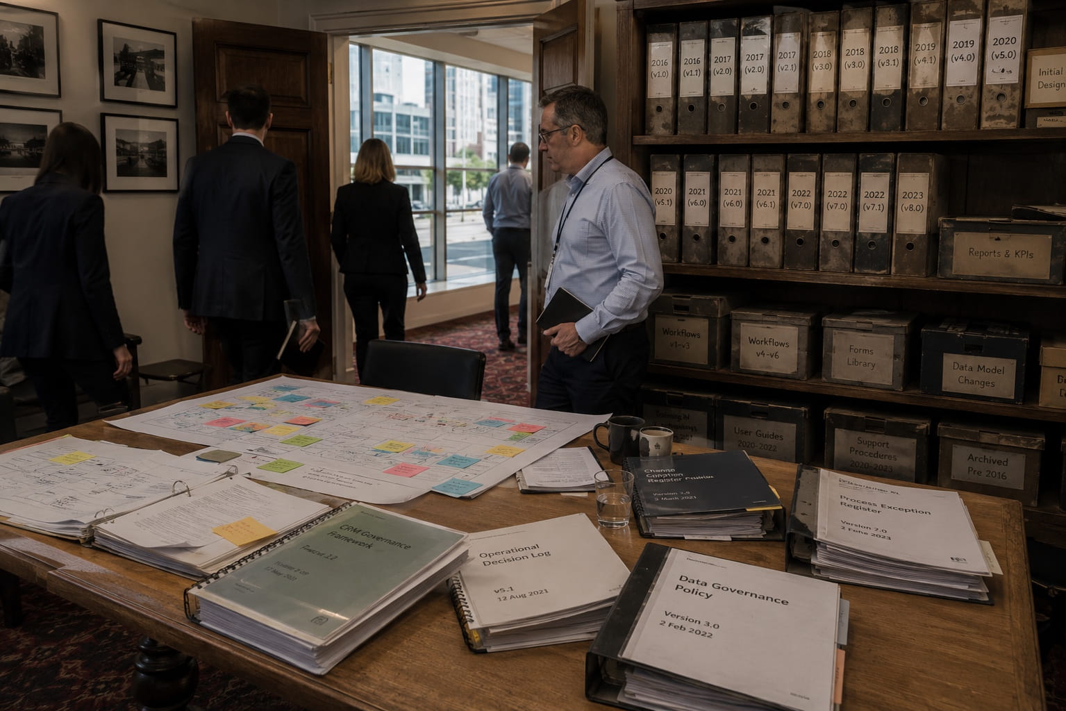 Canberra operational governance room with layered workflow diagrams, versioned process documents, sticky notes, and accumulated operational approvals, representing how small CRM decisions and governance changes gradually accumulate over time