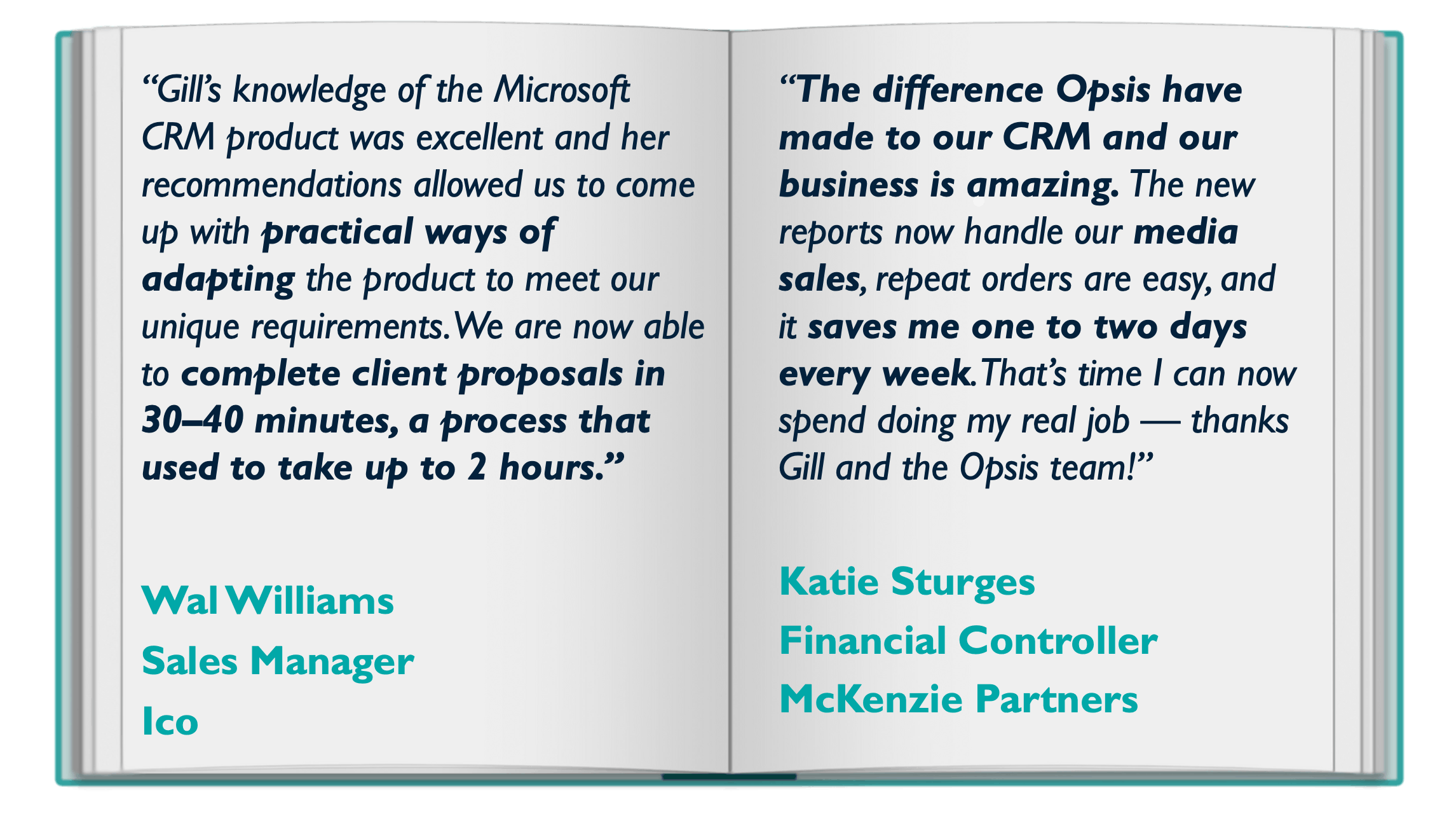 Open book graphic displaying client testimonials about CRM consulting results and time savings.