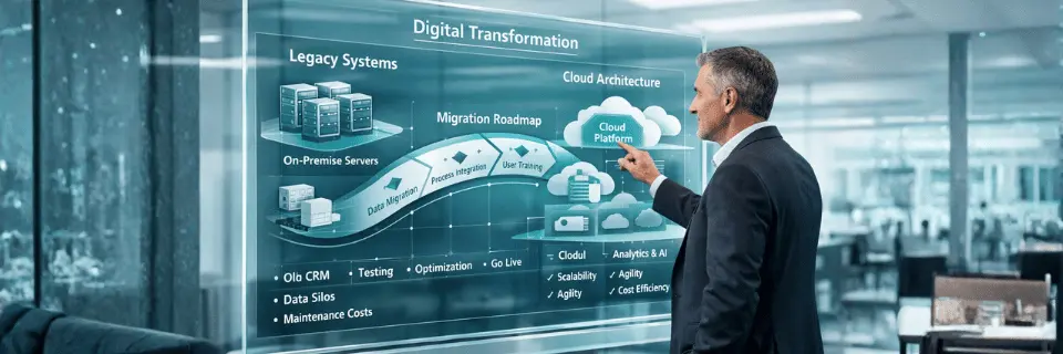 Executive reviewing enterprise CRM migration roadmap transitioning from legacy on-premise systems to cloud architecture on a digital screen.