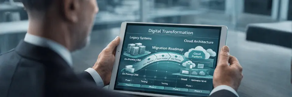 Executive reviewing digital transformation roadmap on tablet showing legacy CRM system migration to cloud architecture.