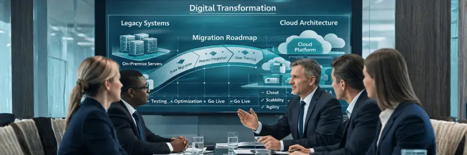 Executive leadership team discussing CRM cloud migration strategy and digital transformation roadmap in a corporate boardroom.