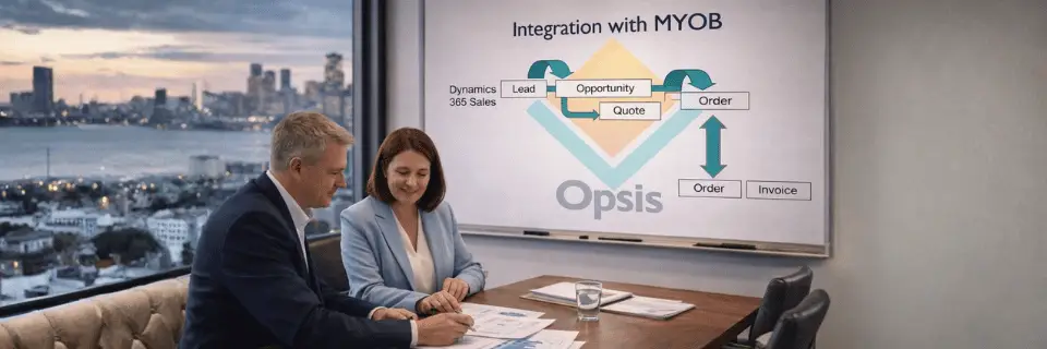 Two business professionals reviewing documents at a conference table in an office, with a whiteboard behind them showing a sales-to-finance workflow diagram linking Dynamics 365 Sales to orders and invoices.