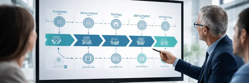 deliveryBusiness professionals reviewing a digital workflow diagram on a large screen, showing stages such as planning, development, testing, deployment, and optimization, with one person pointing at the process to guide discussion.