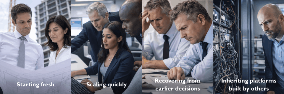 Series of business scenarios showing organisations starting fresh, scaling quickly, recovering from past decisions, or inheriting existing platforms.