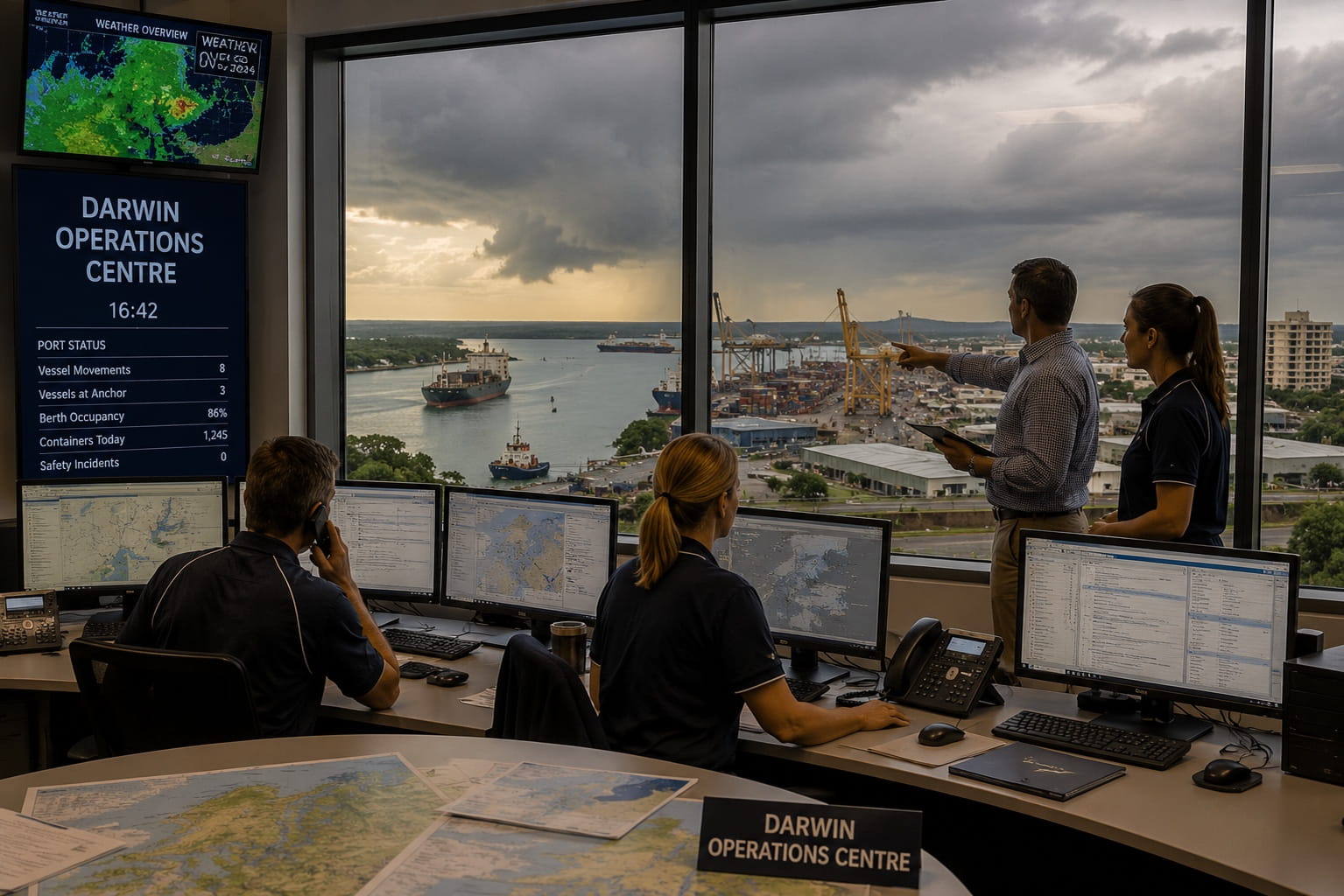 Darwin operational coordination centre monitoring port logistics, vessel movements, and approaching tropical weather systems, representing CRM governance under pressure, communication complexity, and the importance of coordinated operational oversight