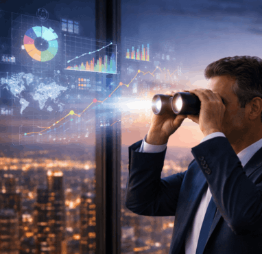 Executive using binoculars to view data visualisations over a city, representing clear insight that supports confident decision-making.