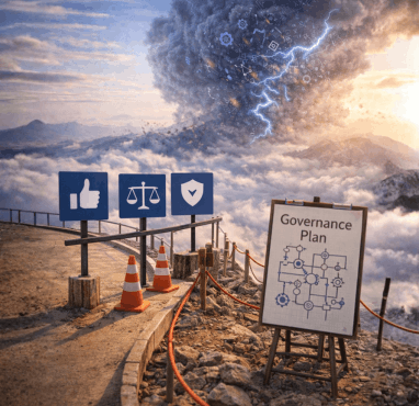 Governance plan signposted at a construction site, symbolising early decision rights, accountability, and guardrails before complexity increases.