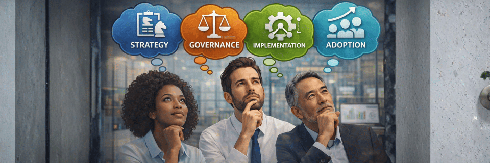 CRM lifecycle illustration showing strategy, governance, implementation, and adoption as connected stages guiding decision-making