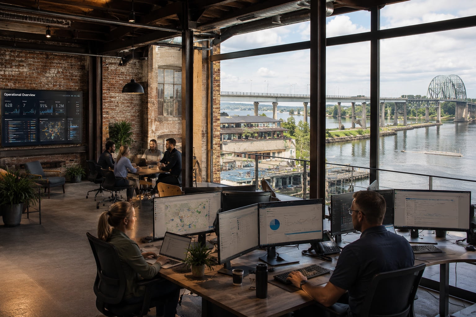 Modern operational workspace inside a repurposed industrial building overlooking Newcastle Harbour, representing resilient CRM evolution, adaptive operational design, and sustainable governance that allows systems to evolve safely over time