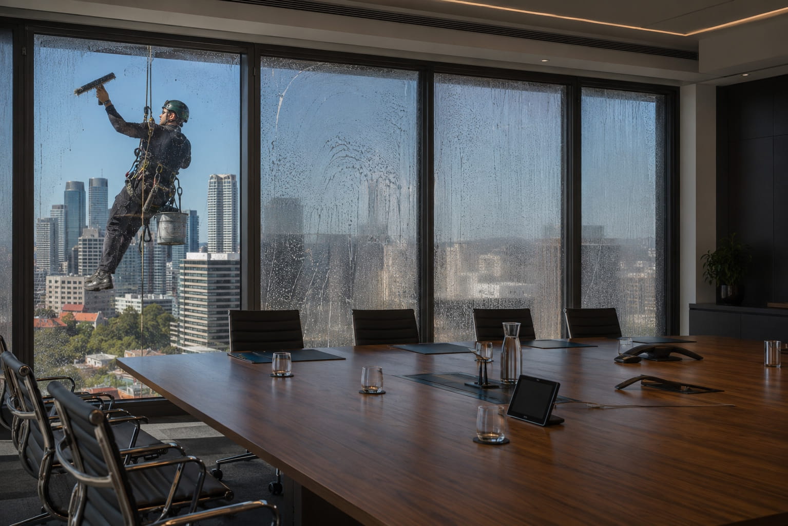 North Sydney executive boardroom with windows being cleaned to restore a clear view across the CBD skyline, symbolising operational clarity, governance visibility, and the ongoing stewardship required to maintain trusted CRM environments