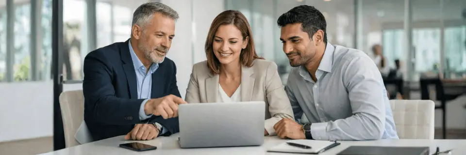 Business professionals reviewing data on a laptop during a collaborative meeting in a modern glass-walled office