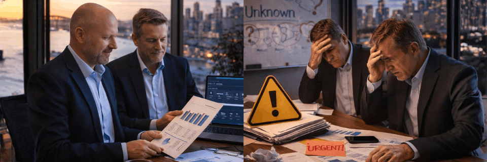 Two business professionals reviewing reports together in an office meeting