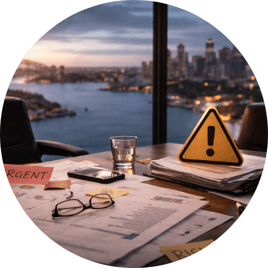 Office desk with scattered documents and a warning sign, representing project risk or urgency