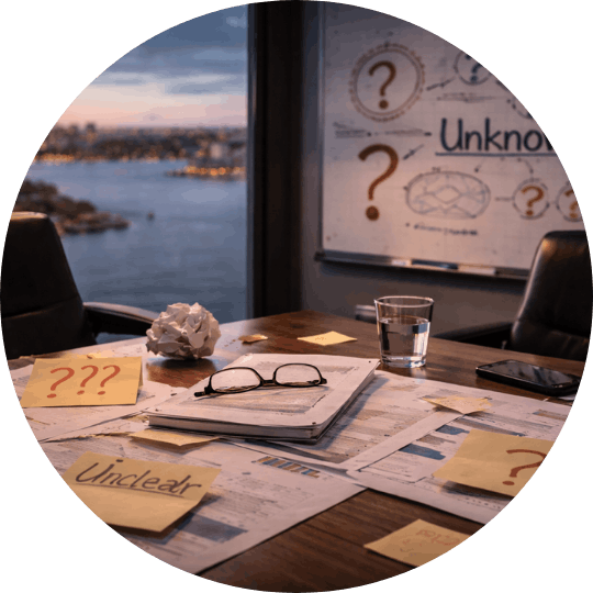 Office desk with question marks and scattered notes, representing uncertainty or unknown factors