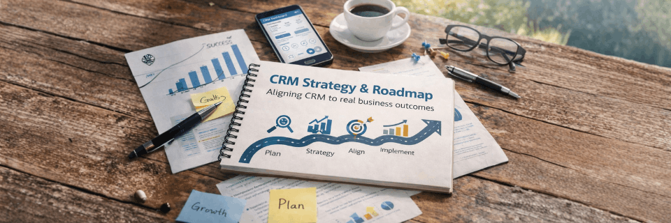 CRM strategy and roadmap document on a desk with charts and planning tools, illustrating alignment between strategy and business outcomes.