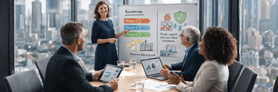 Advisor presenting a business roadmap to executives, showing phased outcomes, priorities, and measurable results.