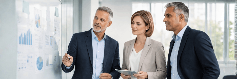 Senior business professionals standing beside a glass whiteboard with blurred charts in a modern executive office during an analytical discussion.