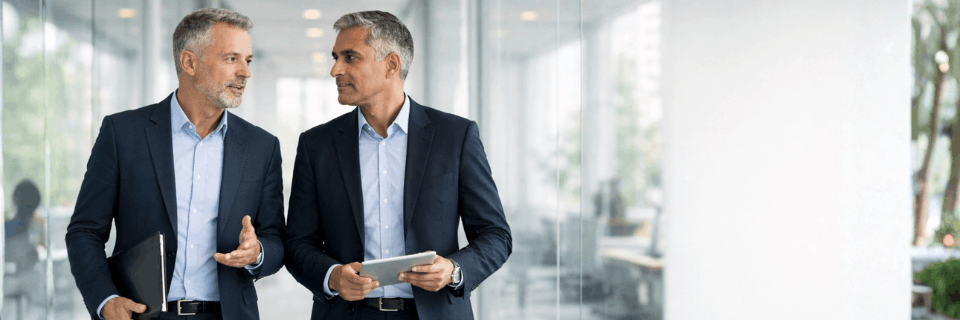 Professional executives in a premium modern workspace corridor engaged in a composed business conversation