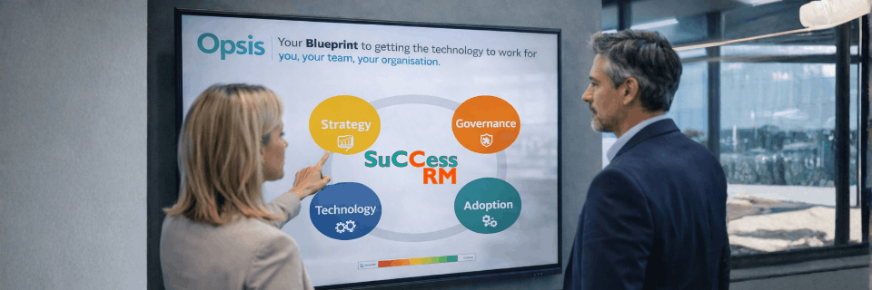 Two professionals reviewing a “Success RM” presentation showing strategy, governance, technology, and adoption as drivers of CRM success.