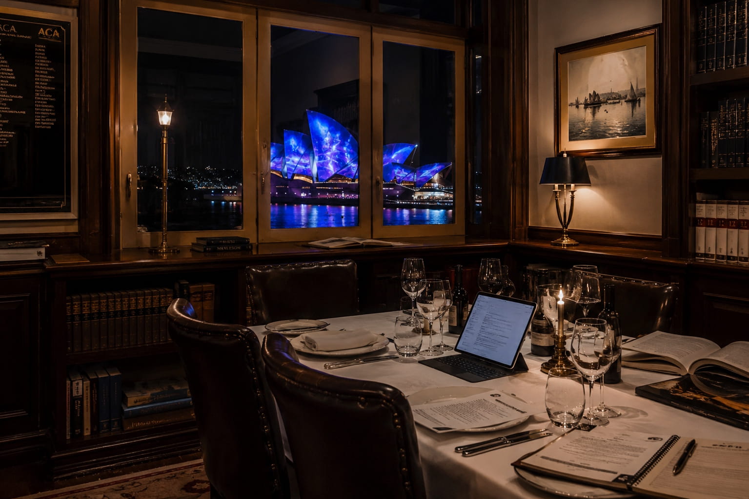 Heritage-style operational dining and library environment overlooking the Vivid-lit Sydney Opera House, representing enduring CRM relevance, institutional continuity, adaptive governance, and long-term operational stewardship by Gill Walker and Opsis