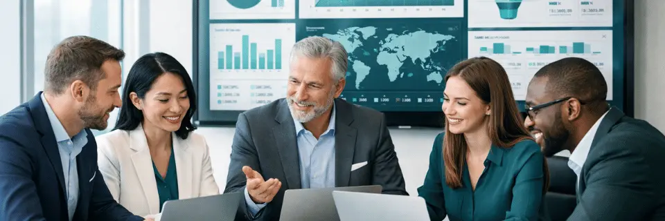 Corporate training session with diverse team collaborating in modern office