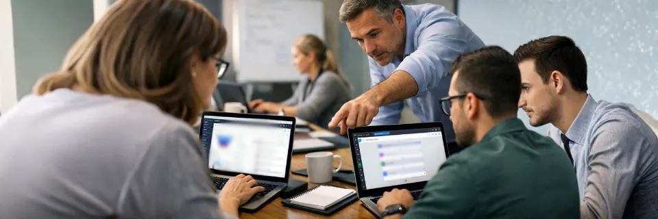 Close-up of professionals working on laptops during a hands-on workshop, with CRM dashboards and Power Platform tools visible on screens while a trainer leans in and points to assist, set in a modern office with soft natural lighting and a collaborative learning atmosphere.