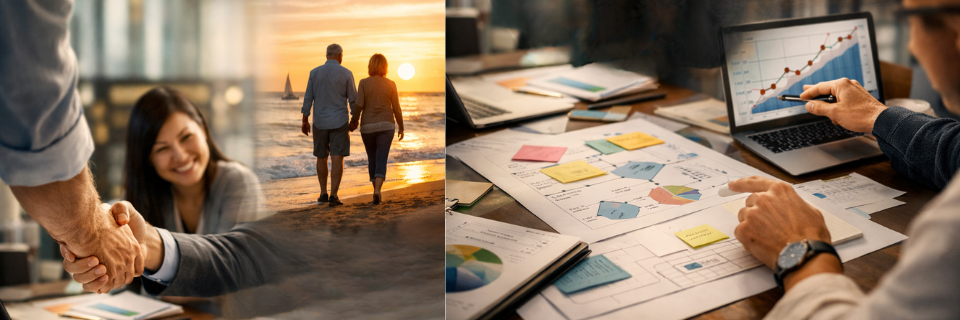 Handshake, couple walking on a beach, and business analytics charts representing client trust, long-term partnership, and measurable results.